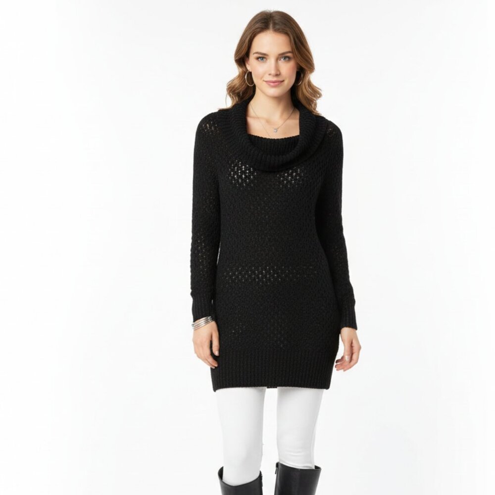 Guess Black Cowl Neck Long Sleeve Knit Tunic Sweater M
